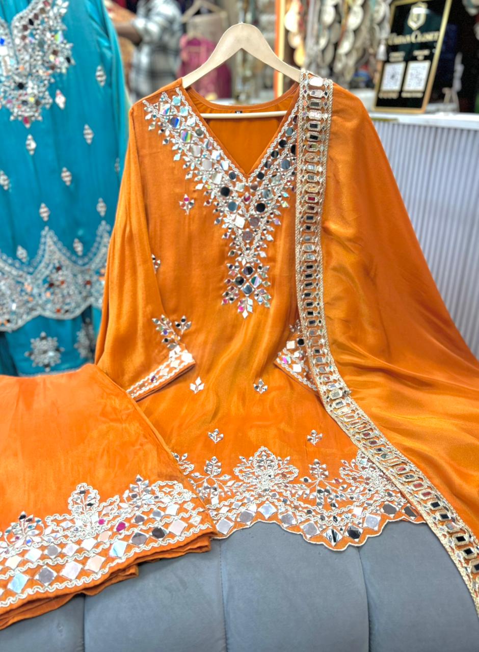 Article 1928 | Tissue Shimmer Heavy Sharara Suit with Real Mirror Work