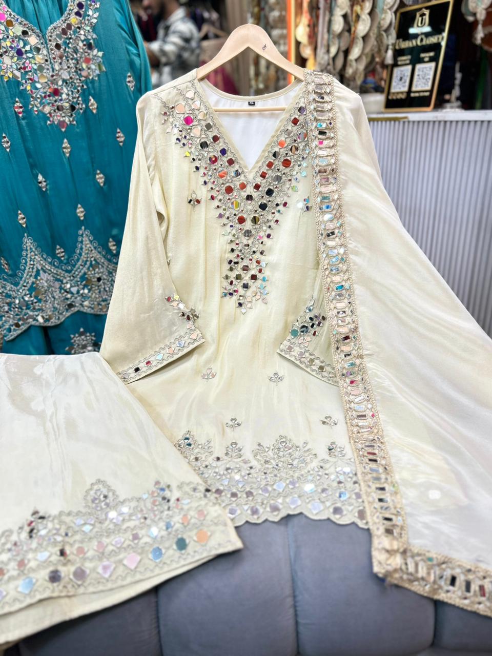 Article 1928 | Tissue Shimmer Heavy Sharara Suit with Real Mirror Work