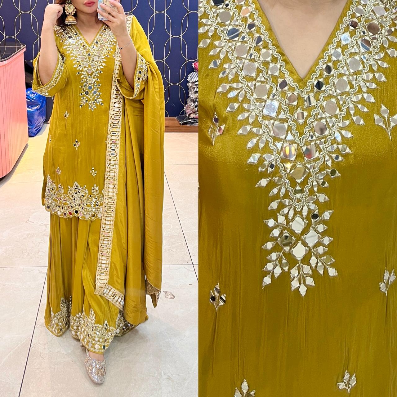 Article 1928 | Tissue Shimmer Heavy Sharara Suit with Real Mirror Work