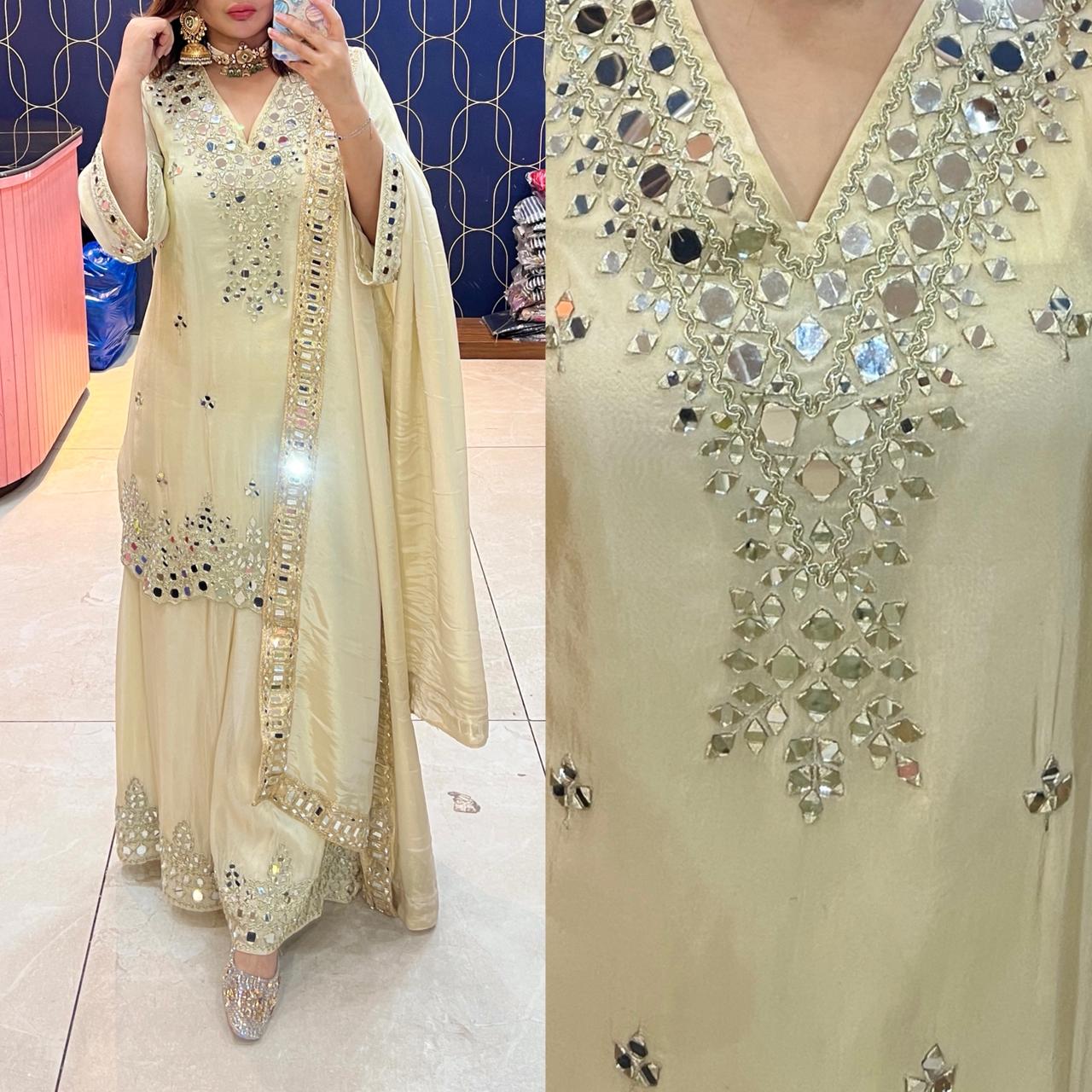 Article 1928 | Tissue Shimmer Heavy Sharara Suit with Real Mirror Work