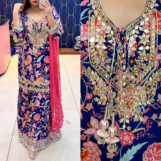 Article 1945 – Printed Crepe Sharara Set for Women | Elegant Party & Festive Wear | Sizes 40–46