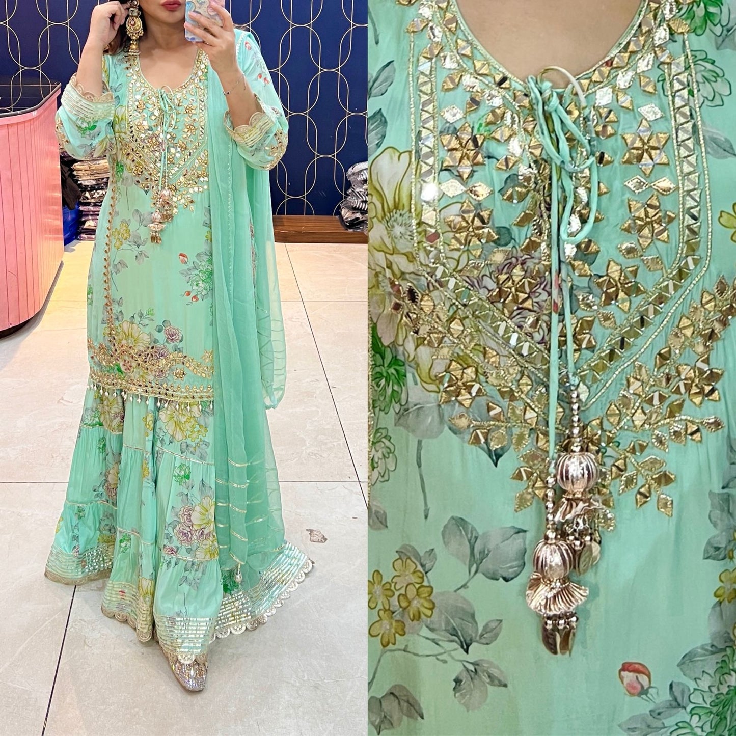 Article 1945 – Printed Crepe Sharara Set for Women | Elegant Party & Festive Wear | Sizes 40–46