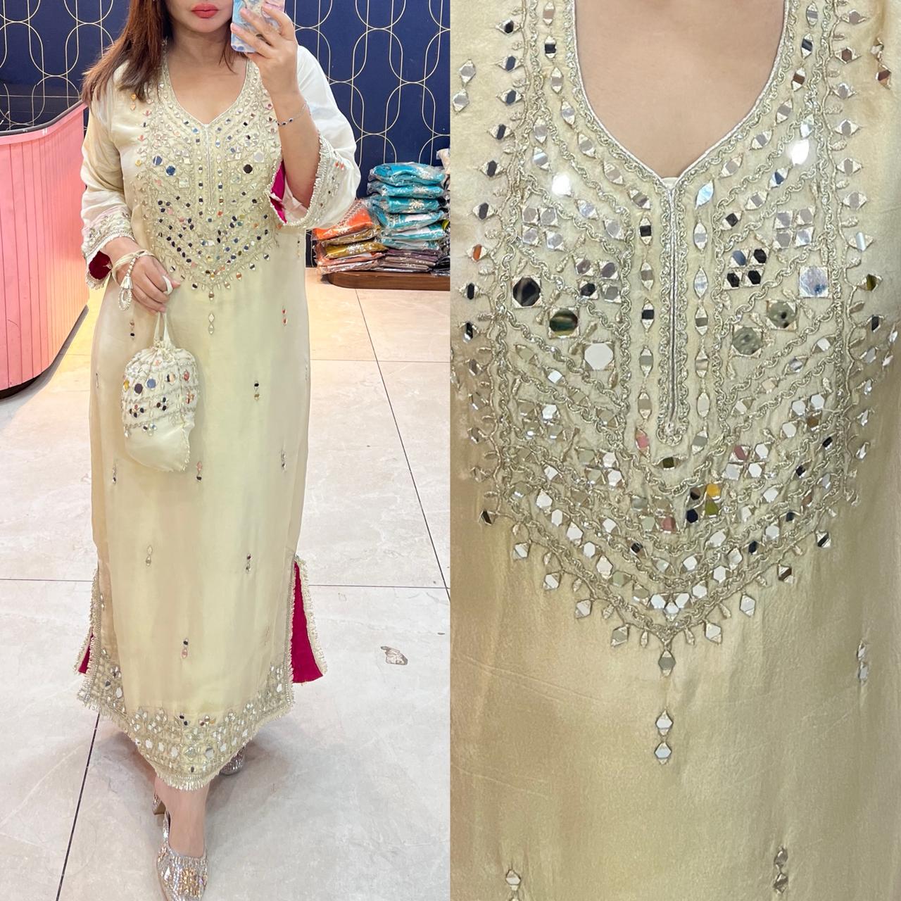 Article 1947 | Pure Tissue Shimmer Long Dress with Real Mirror Work