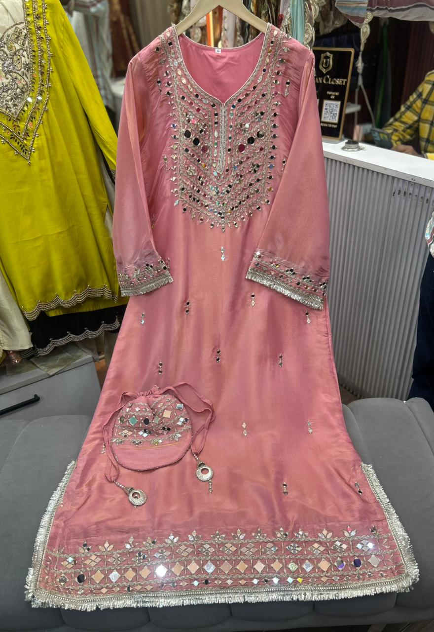 Article 1947 | Pure Tissue Shimmer Long Dress with Real Mirror Work