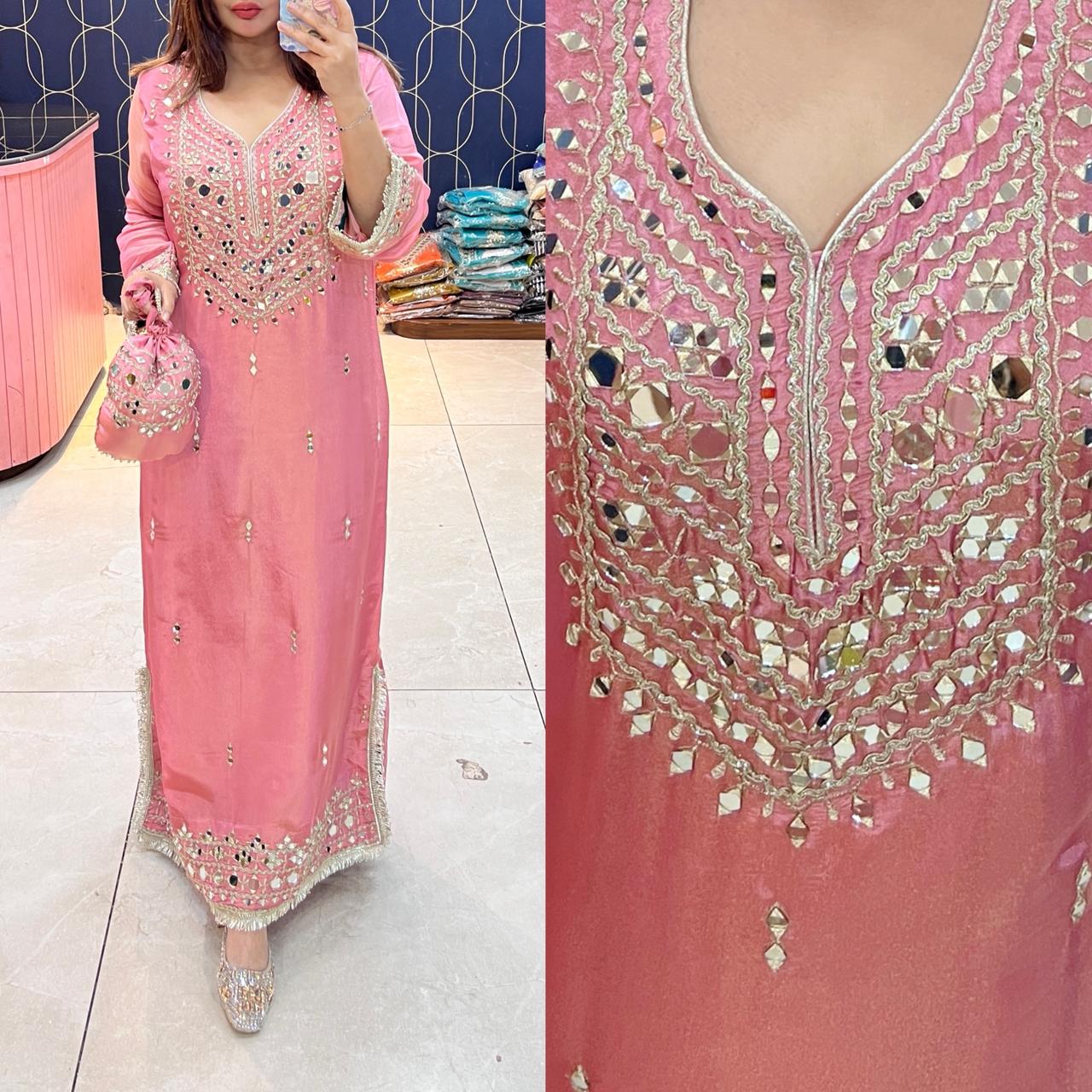 Article 1947 | Pure Tissue Shimmer Long Dress with Real Mirror Work