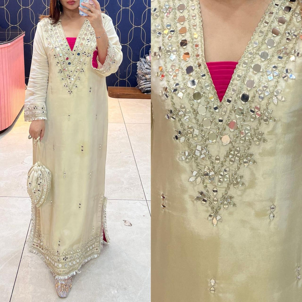 Article 1953 – Pure Tissue Shimmer Long Dress with Real Mirror Work | Premium One-Piece Ethnic Wear | Sizes 40–46