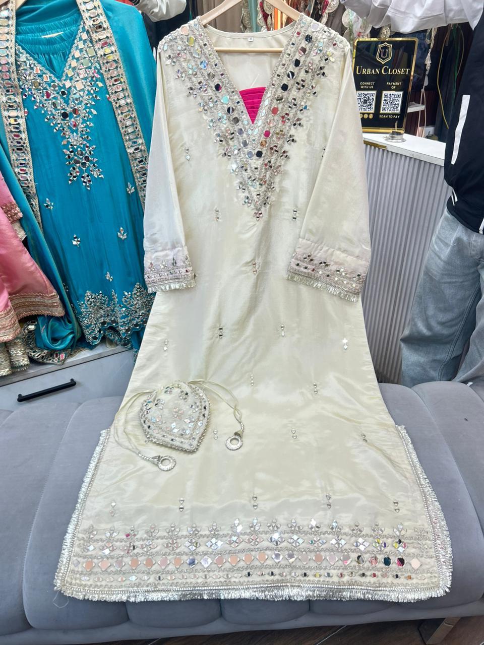 Article 1953 – Pure Tissue Shimmer Long Dress with Real Mirror Work | Premium One-Piece Ethnic Wear | Sizes 40–46