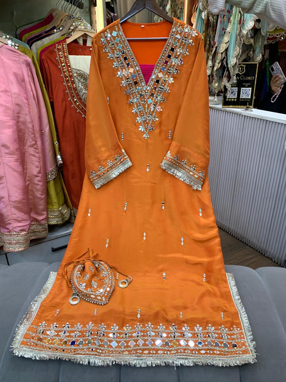 Article 1953 – Pure Tissue Shimmer Long Dress with Real Mirror Work | Premium One-Piece Ethnic Wear | Sizes 40–46