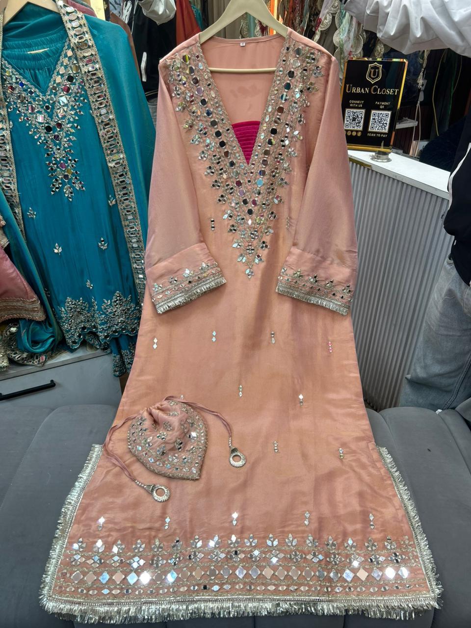 Article 1953 – Pure Tissue Shimmer Long Dress with Real Mirror Work | Premium One-Piece Ethnic Wear | Sizes 40–46