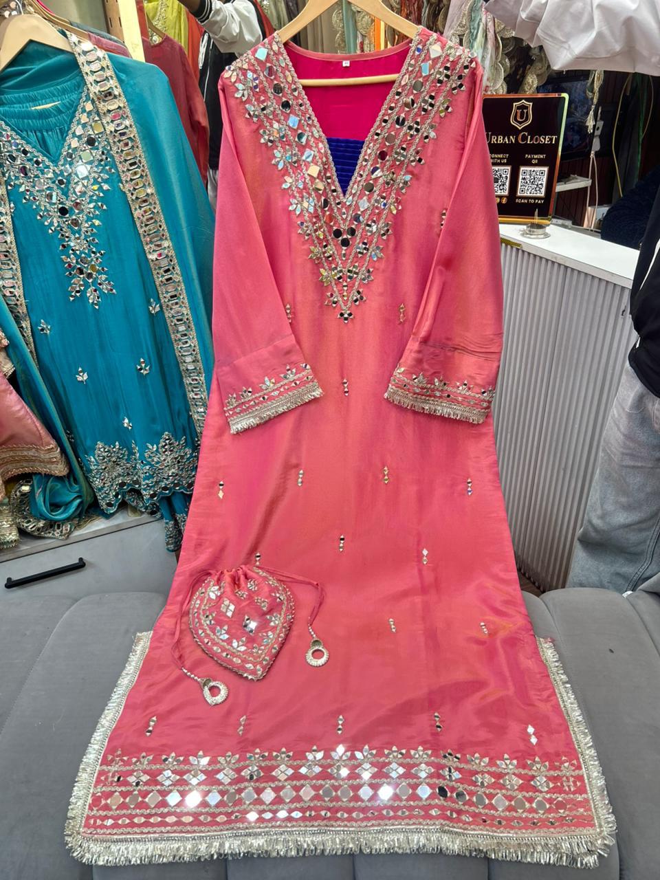 Article 1953 – Pure Tissue Shimmer Long Dress with Real Mirror Work | Premium One-Piece Ethnic Wear | Sizes 40–46