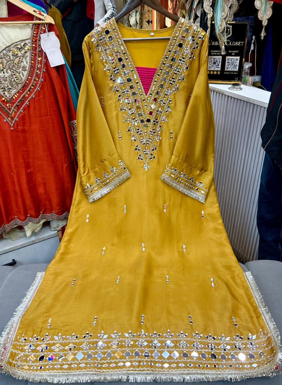 Article 1953 – Pure Tissue Shimmer Long Dress with Real Mirror Work | Premium One-Piece Ethnic Wear | Sizes 40–46