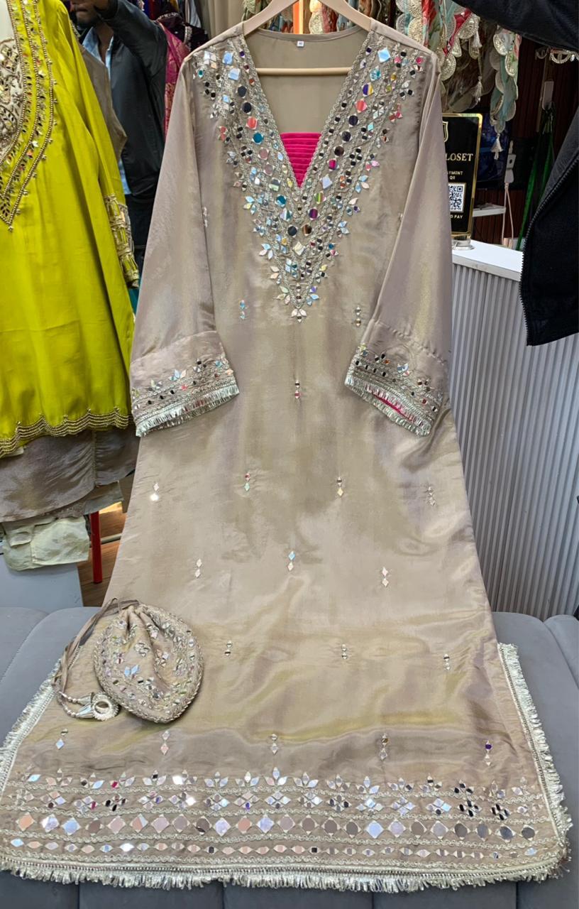 Article 1953 – Pure Tissue Shimmer Long Dress with Real Mirror Work | Premium One-Piece Ethnic Wear | Sizes 40–46