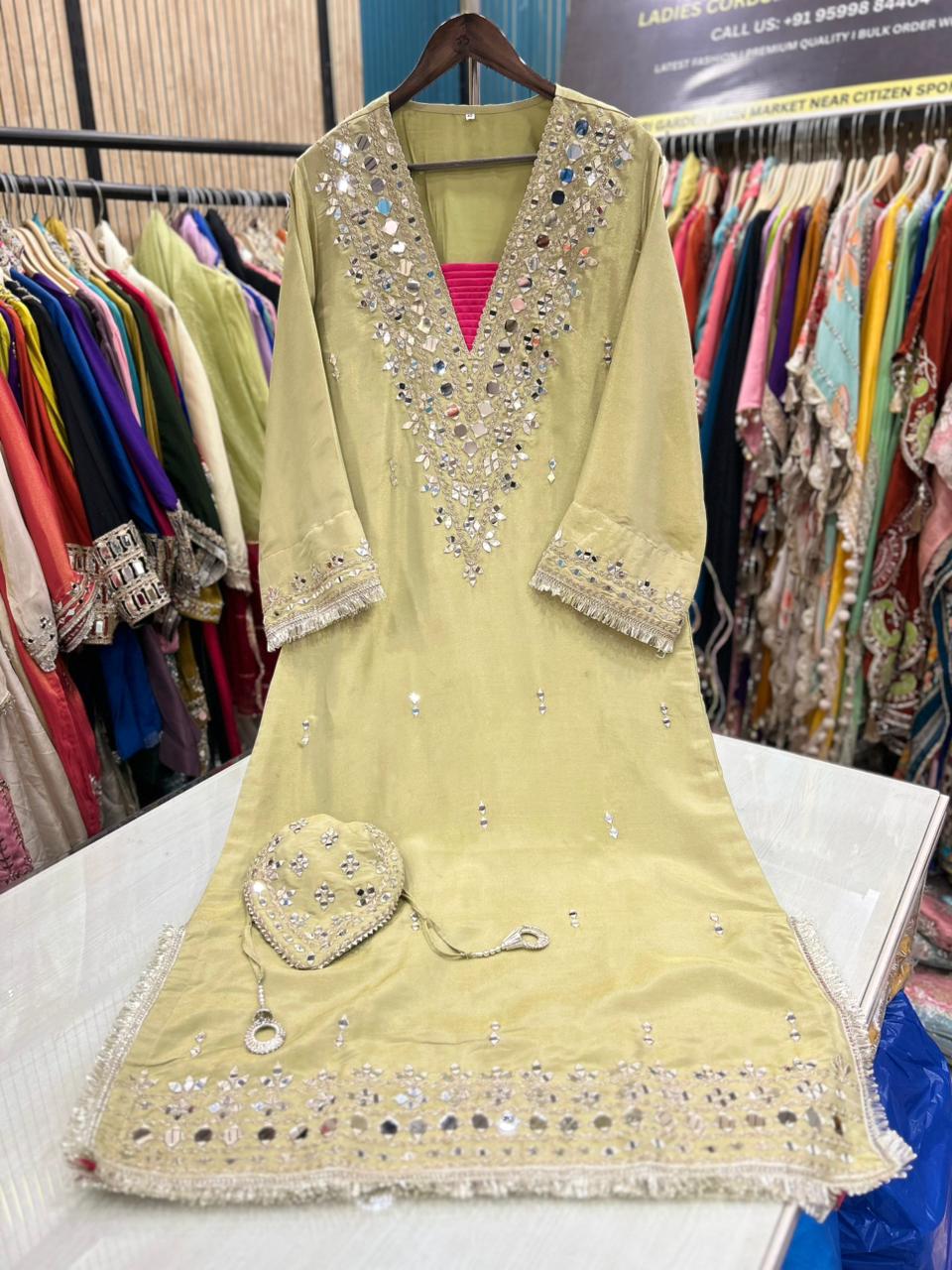 Article 1953 – Pure Tissue Shimmer Long Dress with Real Mirror Work | Premium One-Piece Ethnic Wear | Sizes 40–46