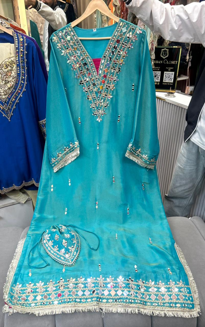 Article 1953 – Pure Tissue Shimmer Long Dress with Real Mirror Work | Premium One-Piece Ethnic Wear | Sizes 40–46