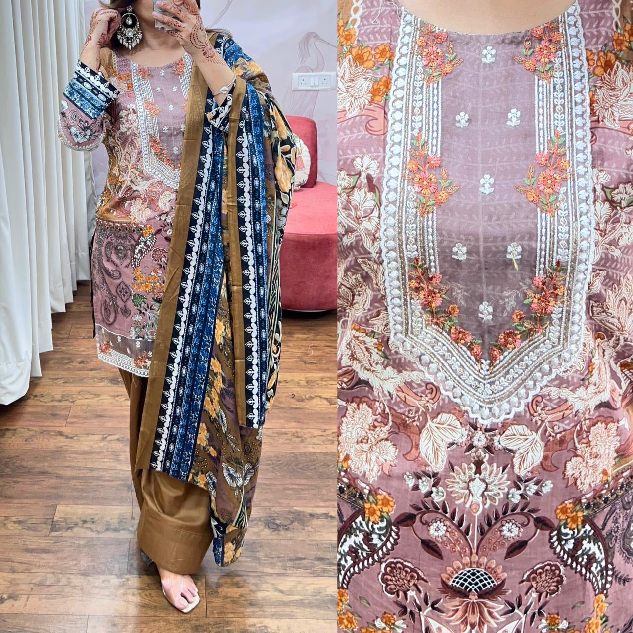 Pure Pakistani Cotton Suit with Embroidered Dupatta | Size 40 | Elegant Ethnic Wear