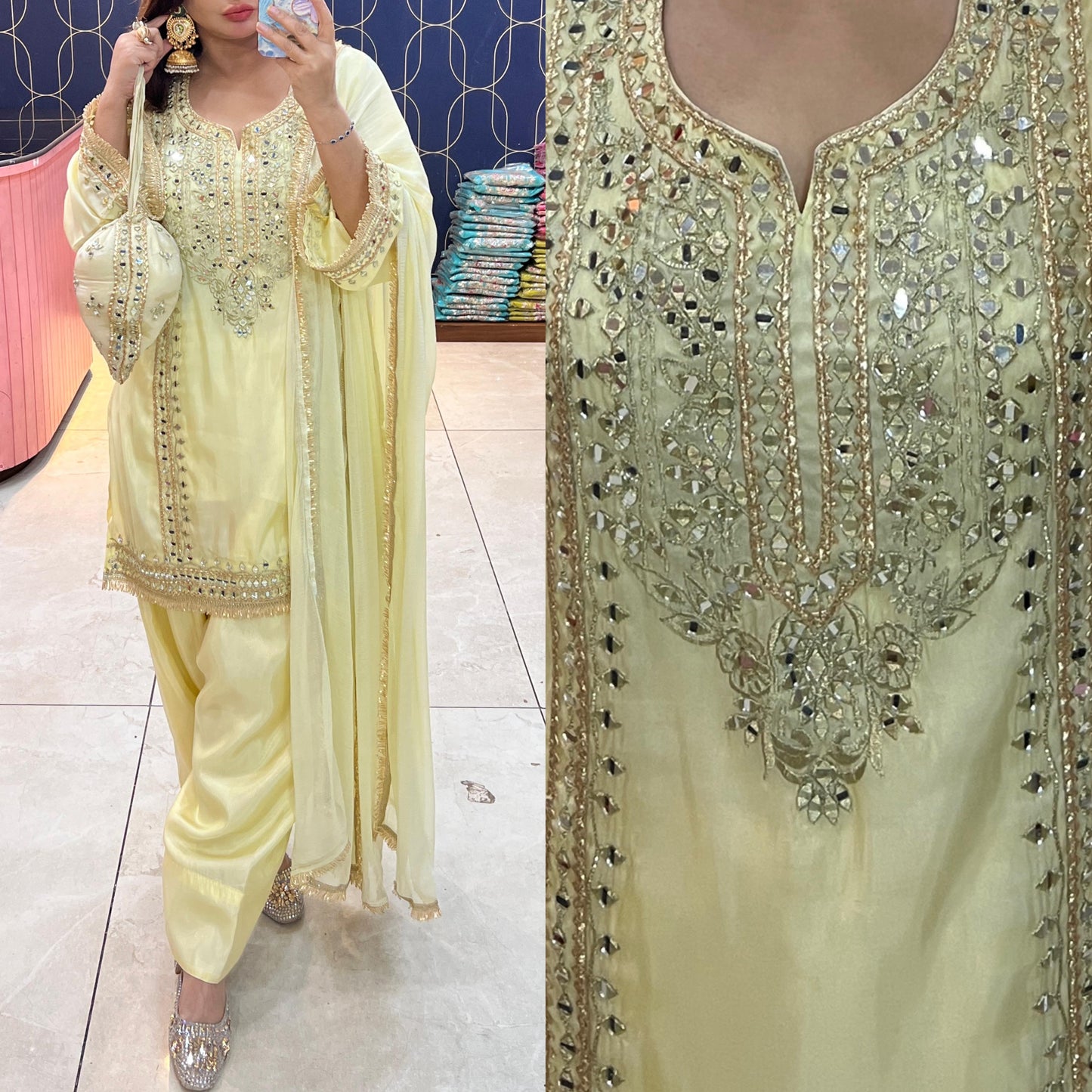 Article 1915 – Pure Glass Tissue Fabric Farshi Salwar Suit with Chiffon Dupatta & Mirror Work | Sizes 40–46