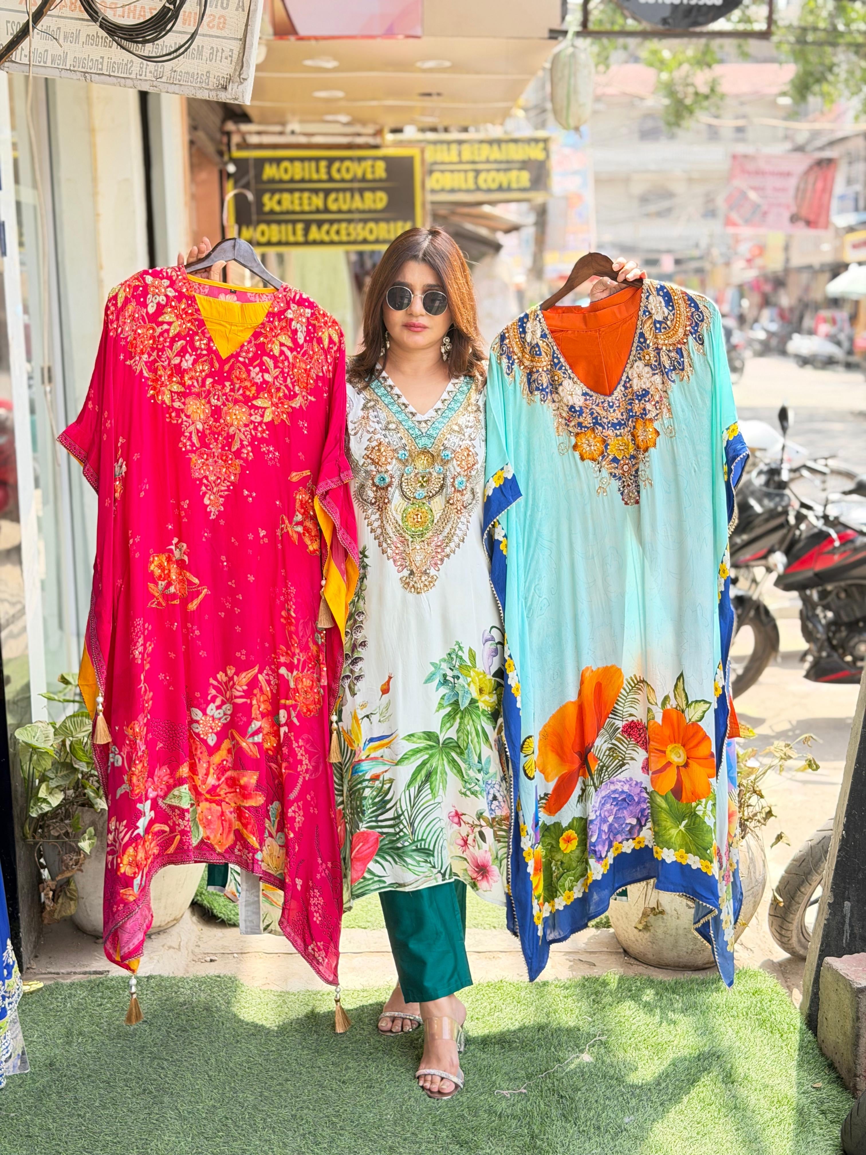 Printed Natural Crepe Kaftan- 1696