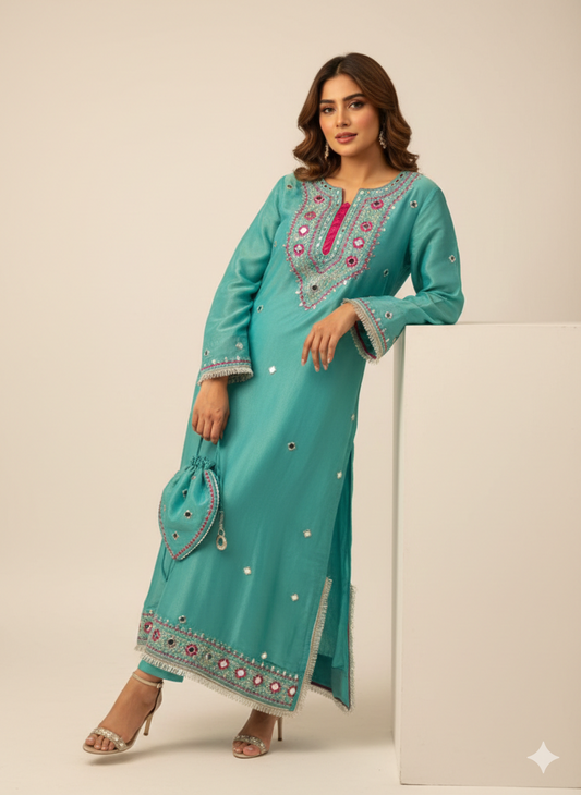 Article 1958 – Pure Tissue Shimmer One-Piece Long Dress with Real Mirror & Thread Work | Sizes 40–46