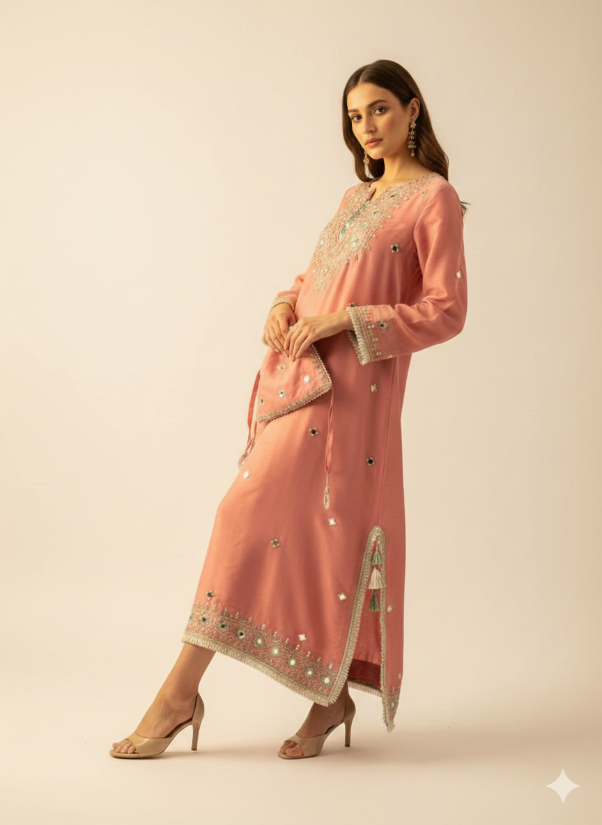 Article 1958 – Pure Tissue Shimmer One-Piece Long Dress with Real Mirror & Thread Work | Sizes 40–46