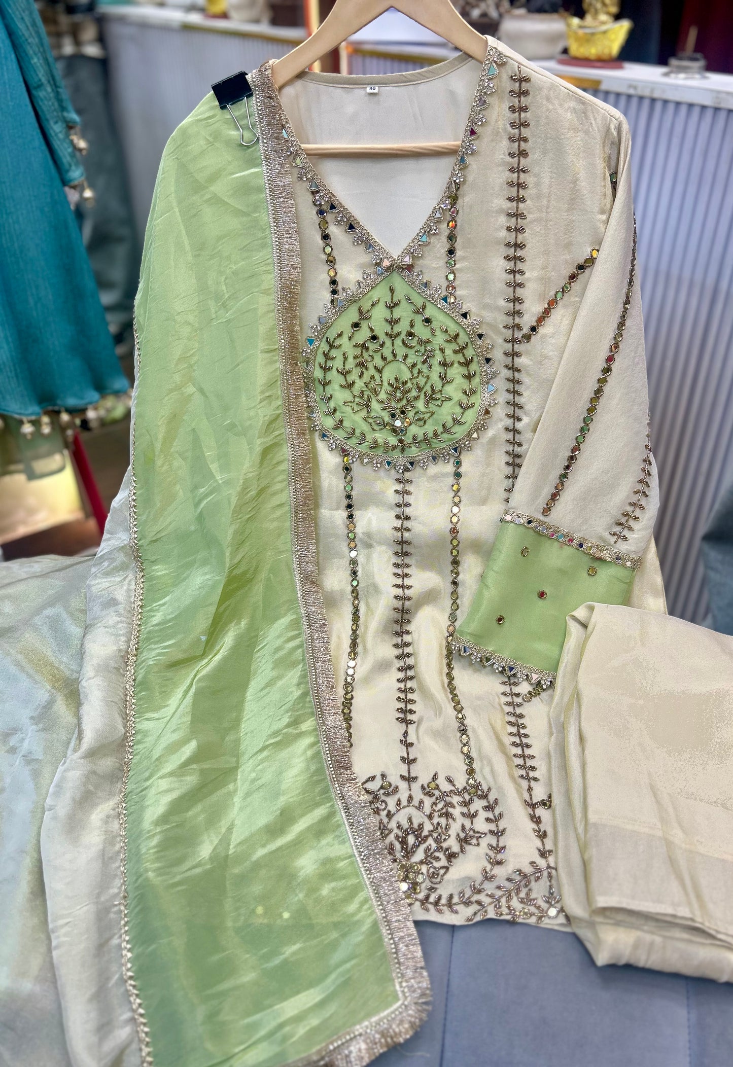 Article 1875 – Tissue Shimmer Palazzo Suit with Real Mirror & Cutdana Handwork