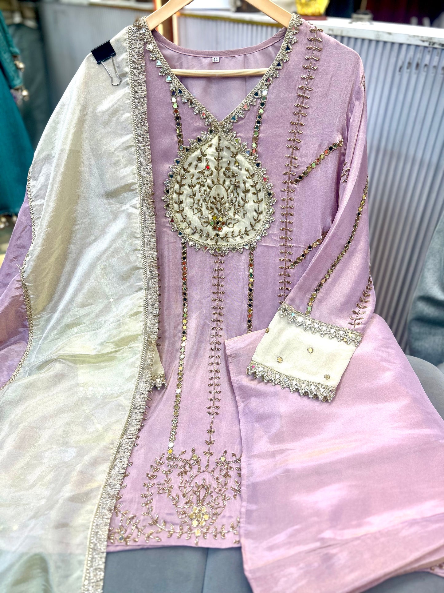 Article 1875 – Tissue Shimmer Palazzo Suit with Real Mirror & Cutdana Handwork