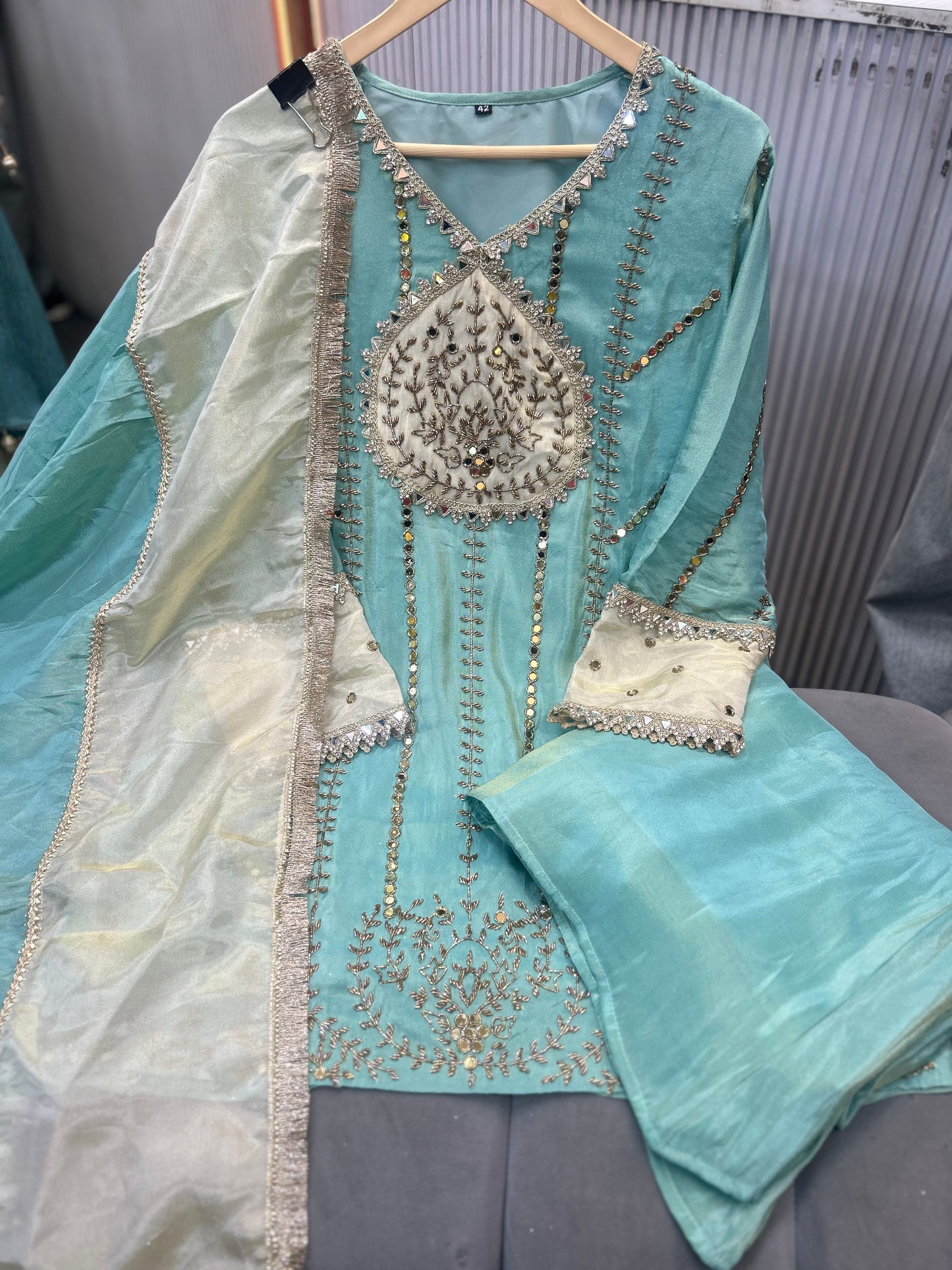 Article 1875 – Tissue Shimmer Palazzo Suit with Real Mirror & Cutdana Handwork