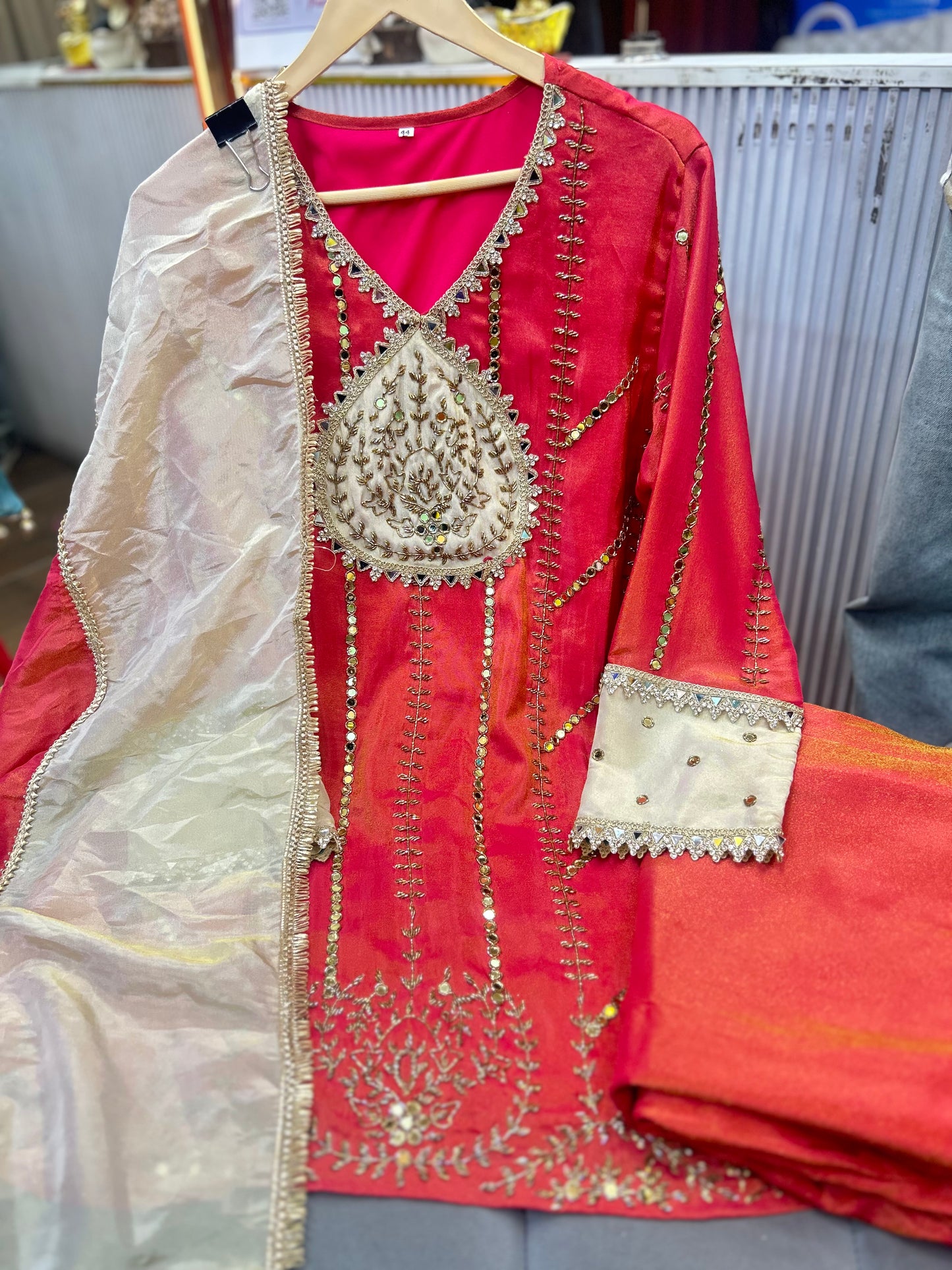 Article 1875 – Tissue Shimmer Palazzo Suit with Real Mirror & Cutdana Handwork