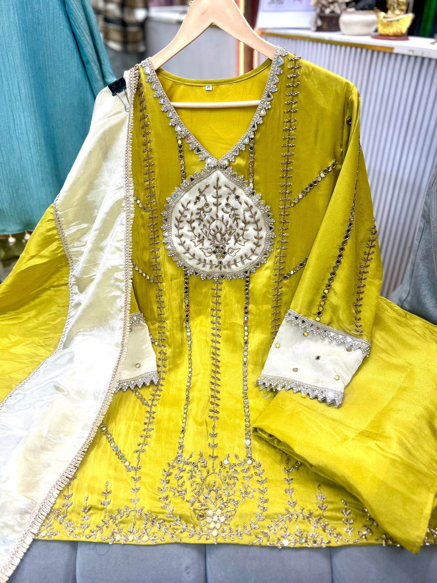 Article 1875 – Tissue Shimmer Palazzo Suit with Real Mirror & Cutdana Handwork