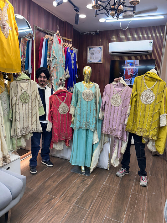 Article 1875 – Tissue Shimmer Palazzo Suit with Real Mirror & Cutdana Handwork