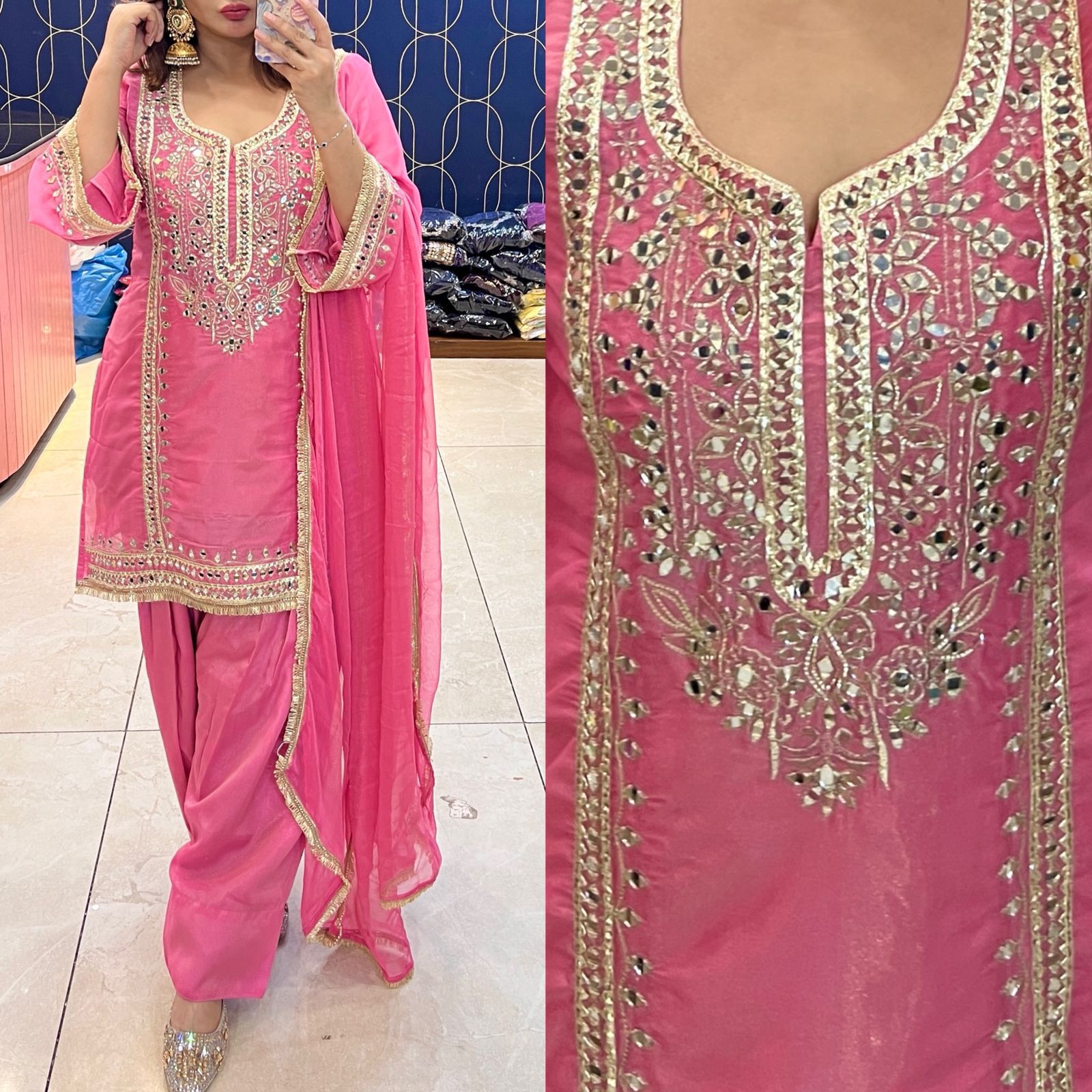 Article 1915 – Pure Glass Tissue Fabric Farshi Salwar Suit with Chiffon Dupatta & Mirror Work | Sizes 40–46