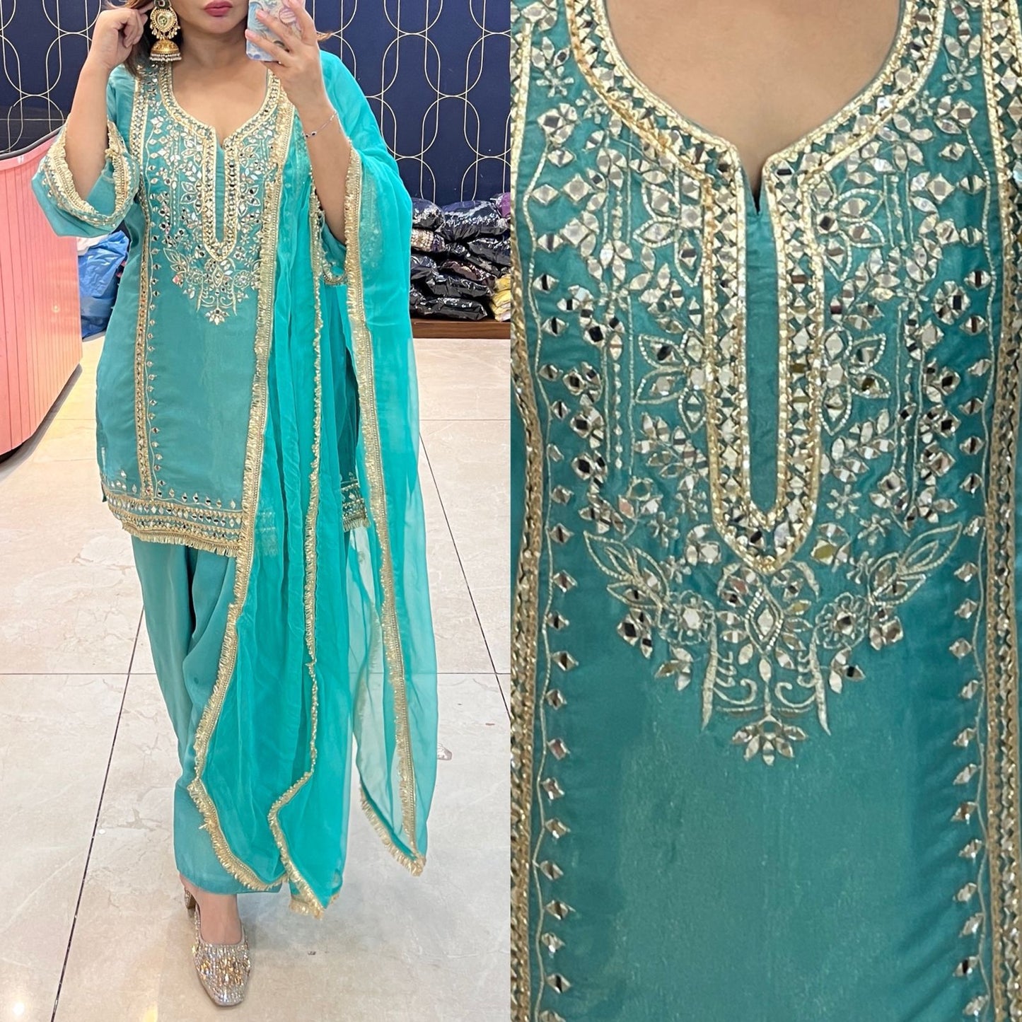 Article 1915 – Pure Glass Tissue Fabric Farshi Salwar Suit with Chiffon Dupatta & Mirror Work | Sizes 40–46