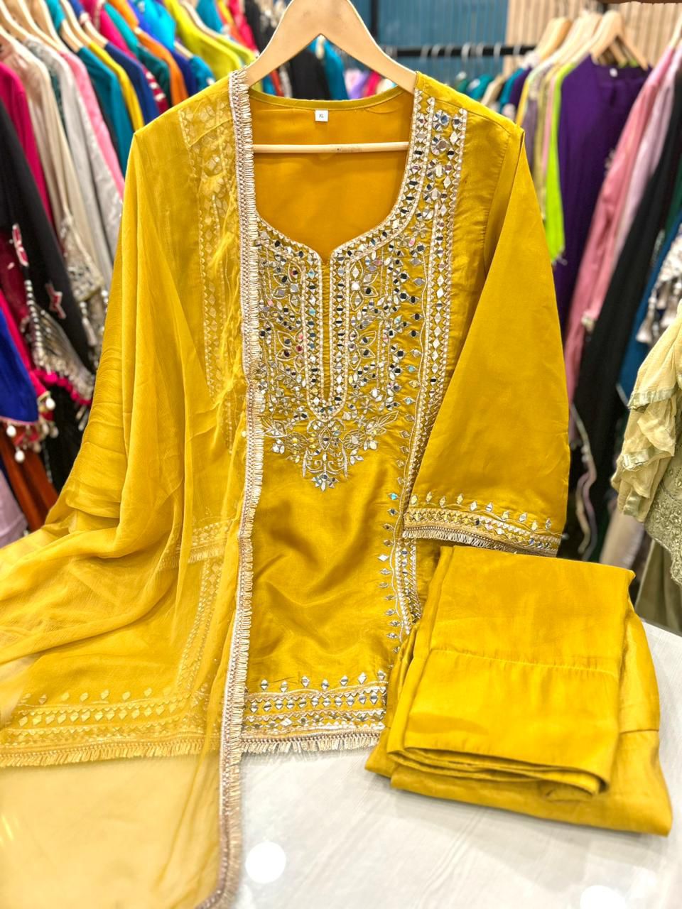 Article 1915 – Pure Glass Tissue Fabric Farshi Salwar Suit with Chiffon Dupatta & Mirror Work | Sizes 40–46