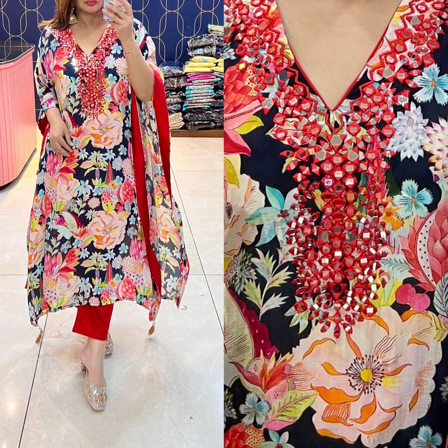 Article 1596 – Floral Kaftan with Real Mirror Handwork