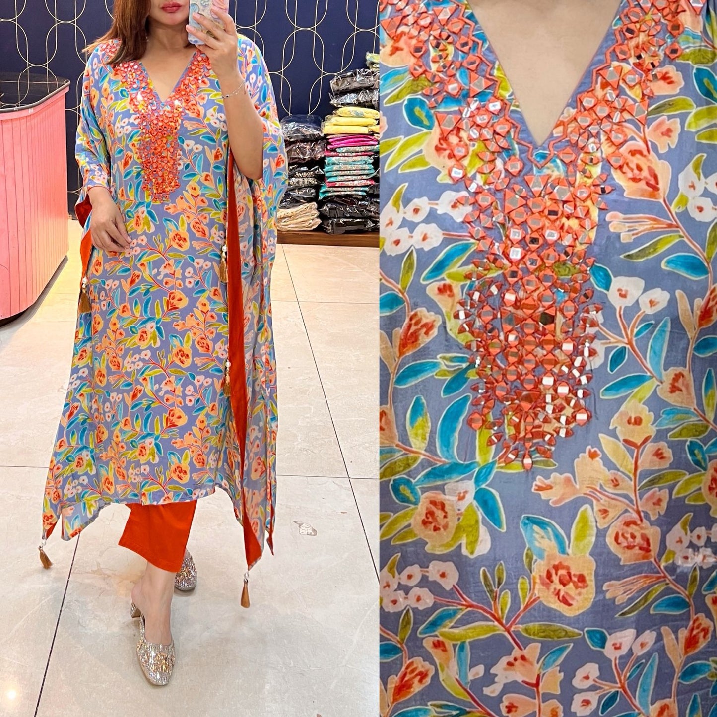 Article 1596 – Floral Kaftan with Real Mirror Handwork