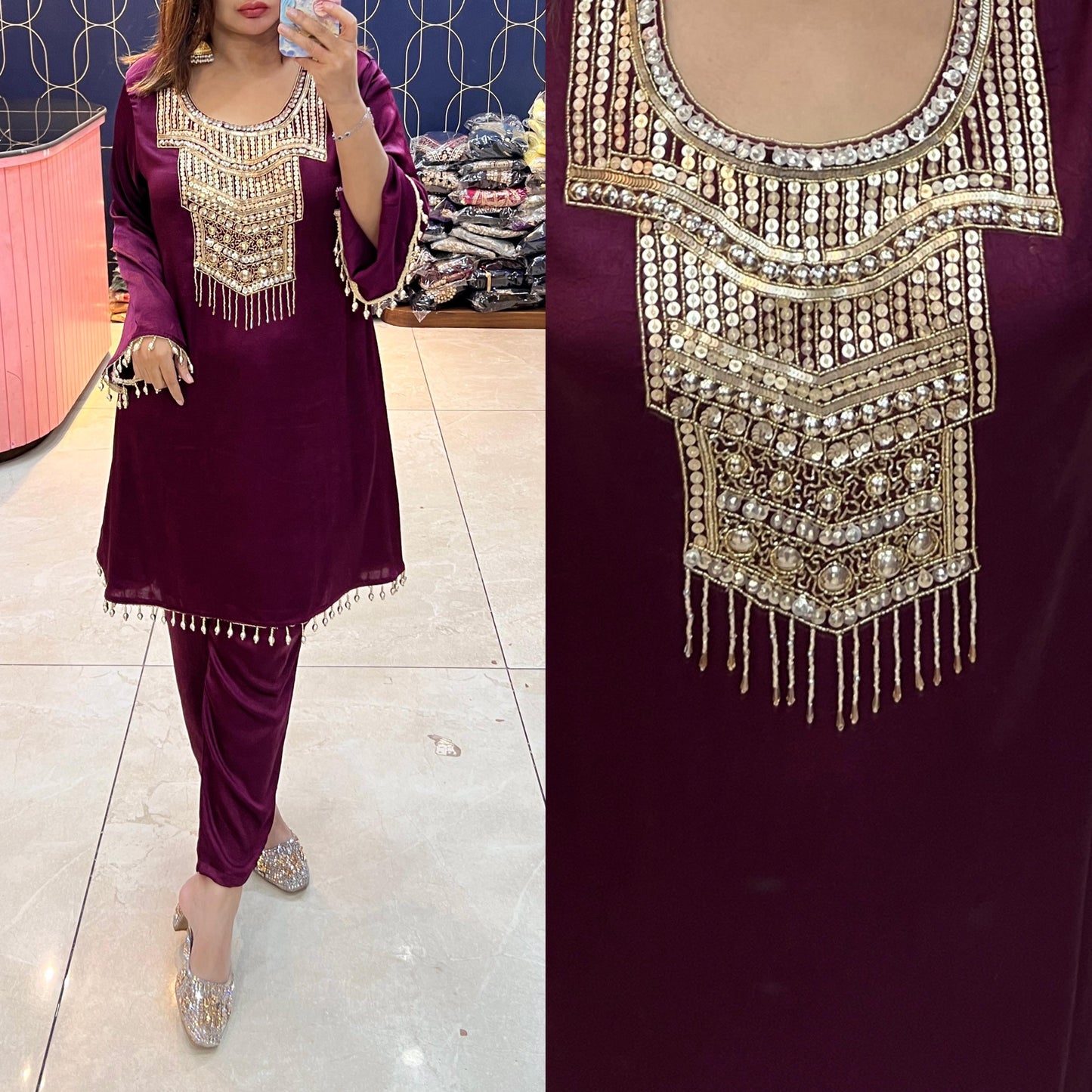 Article 1873– Imported Crush Fabric Co-ord Set with Elegant Handwork | Sizes 40–46