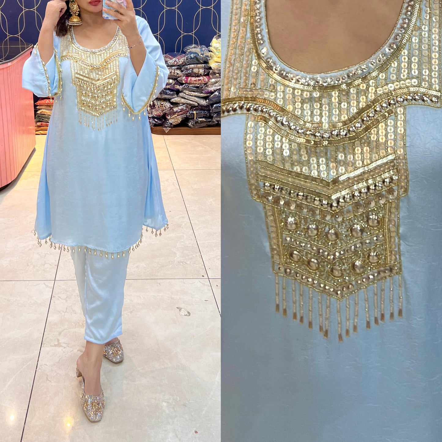 Article 1873– Imported Crush Fabric Co-ord Set with Elegant Handwork | Sizes 40–46