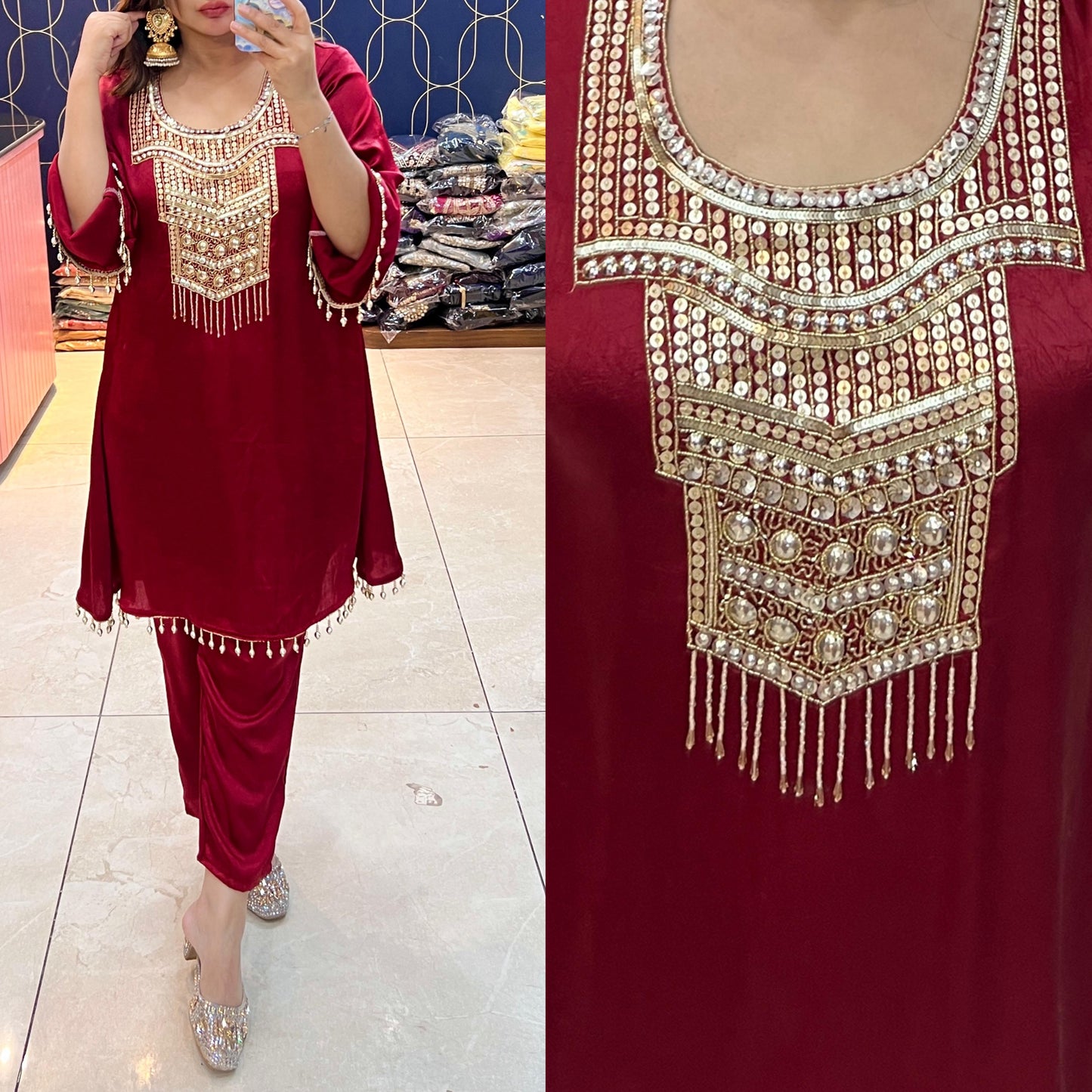 Article 1873– Imported Crush Fabric Co-ord Set with Elegant Handwork | Sizes 40–46