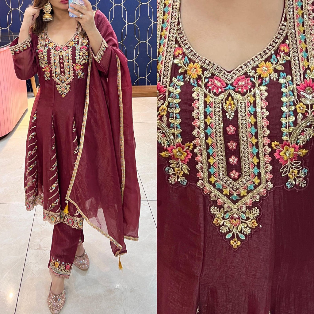 Article 1832 – Glass Tissue Fabric Anarkali Suit with Dupatta & Elegant Embroidery | Sizes 40–46