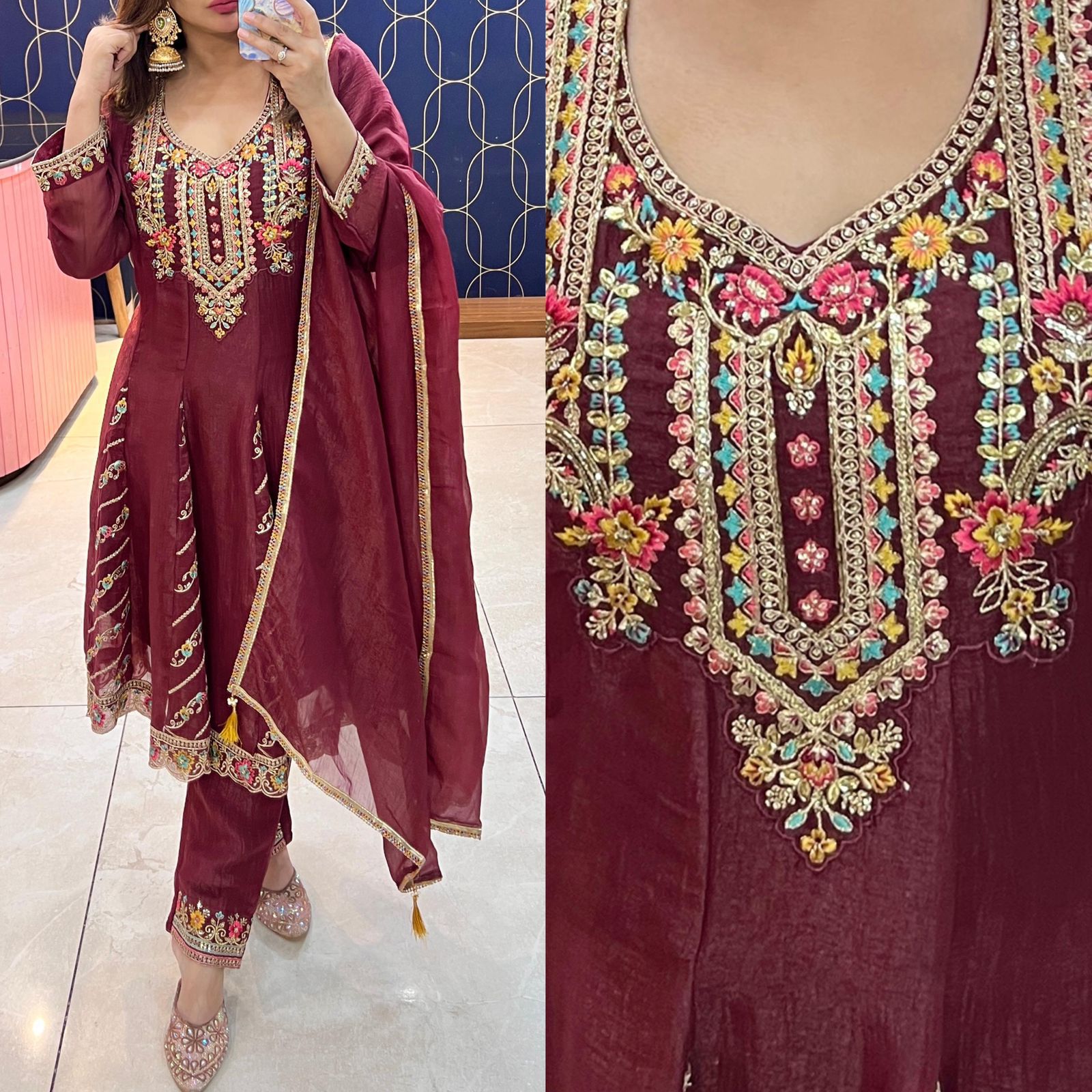 Article 1832 – Glass Tissue Fabric Anarkali Suit with Dupatta & Elegant Embroidery | Sizes 40–46