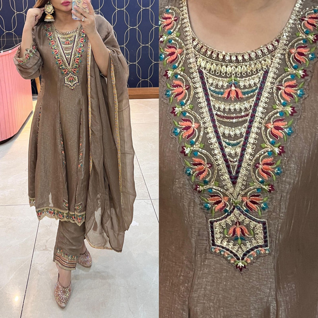 Article 1832 – Glass Tissue Fabric Anarkali Suit with Dupatta & Elegant Embroidery | Sizes 40–46