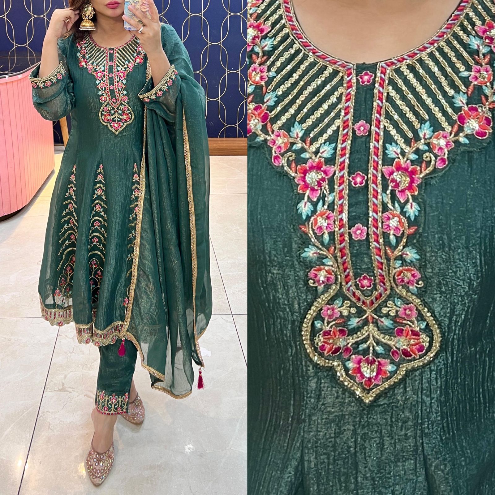 Article 1832 – Glass Tissue Fabric Anarkali Suit with Dupatta & Elegant Embroidery | Sizes 40–46