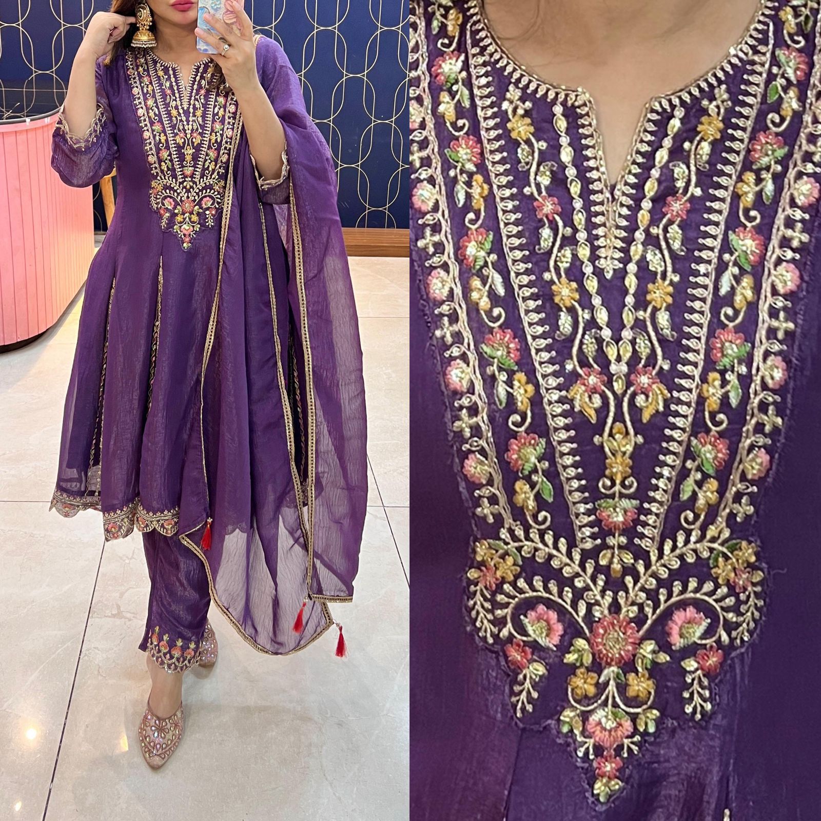 Article 1832 – Glass Tissue Fabric Anarkali Suit with Dupatta & Elegant Embroidery | Sizes 40–46