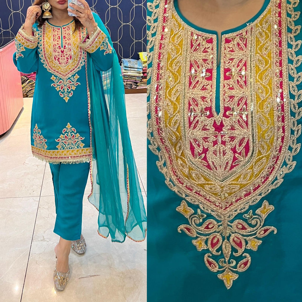 Article 1891 – Pure Silk Fabric Co-ord Set with Designer Dupatta & Elegant Embroidery | Sizes 40–46