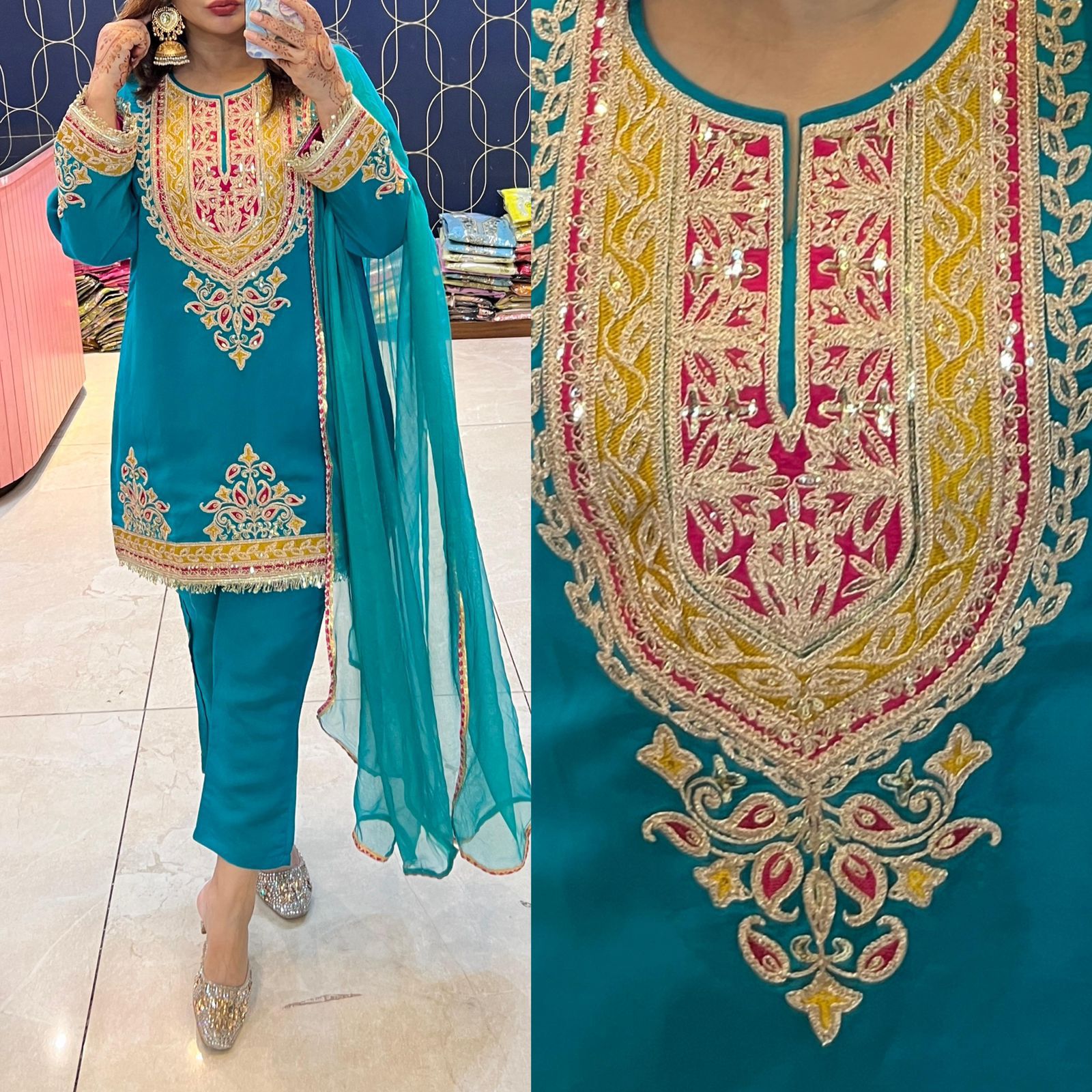 Article 1891 – Pure Silk Fabric Co-ord Set with Designer Dupatta & Elegant Embroidery | Sizes 40–46