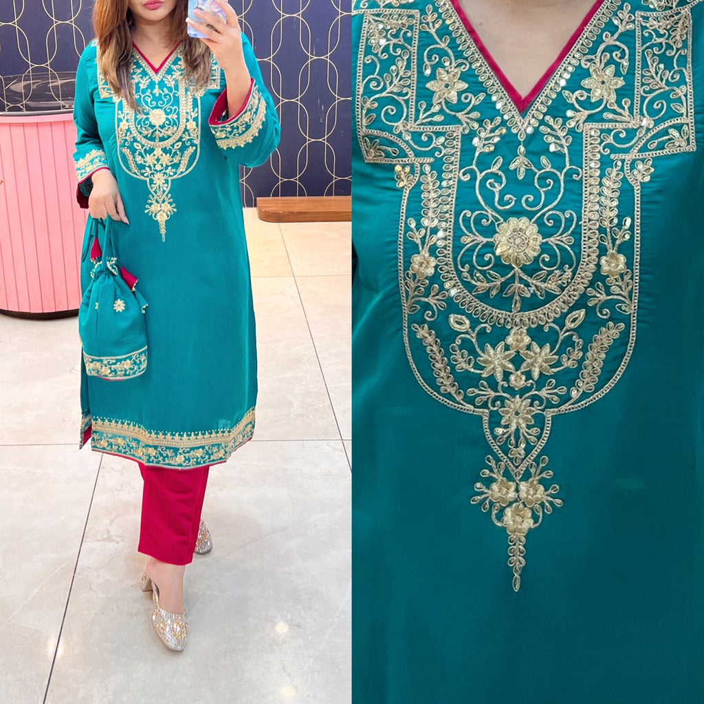 Article 1095 – Pakistani Cotton Silk Embroidered Co-ord Set With Potli