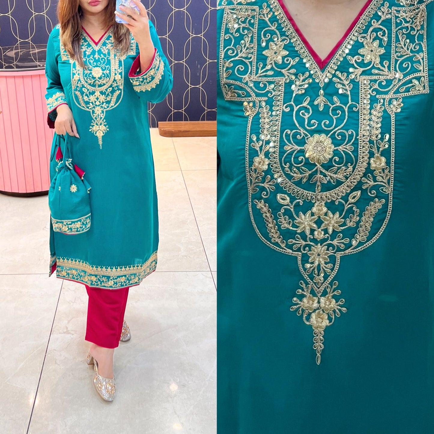 Article 1095 – Pakistani Cotton Silk Embroidered Co-ord Set With Potli