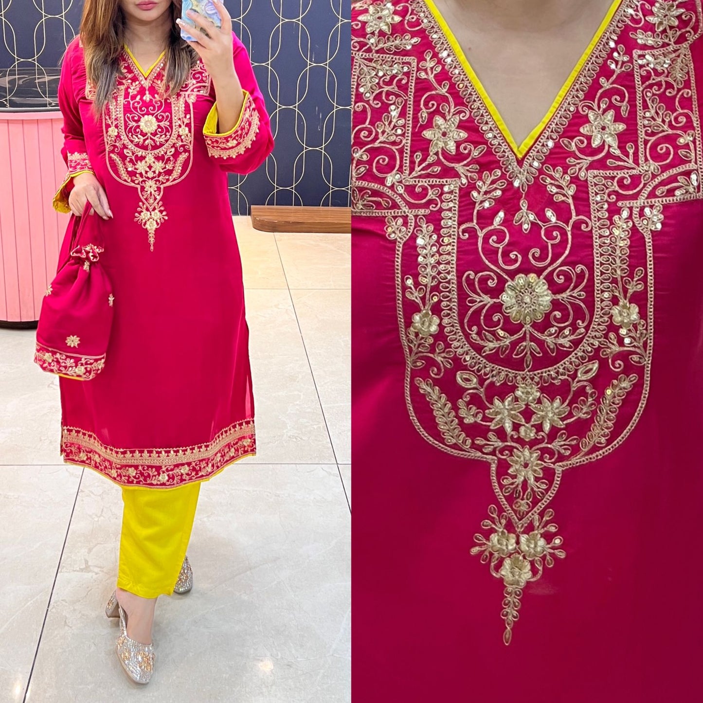 Article 1095 – Pakistani Cotton Silk Embroidered Co-ord Set With Potli