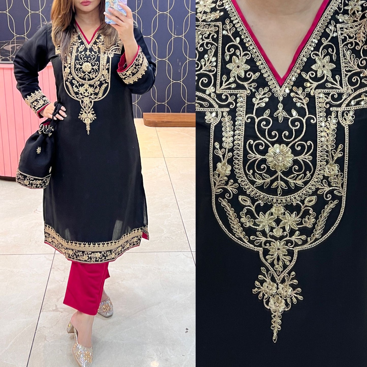 Article 1095 – Pakistani Cotton Silk Embroidered Co-ord Set With Potli