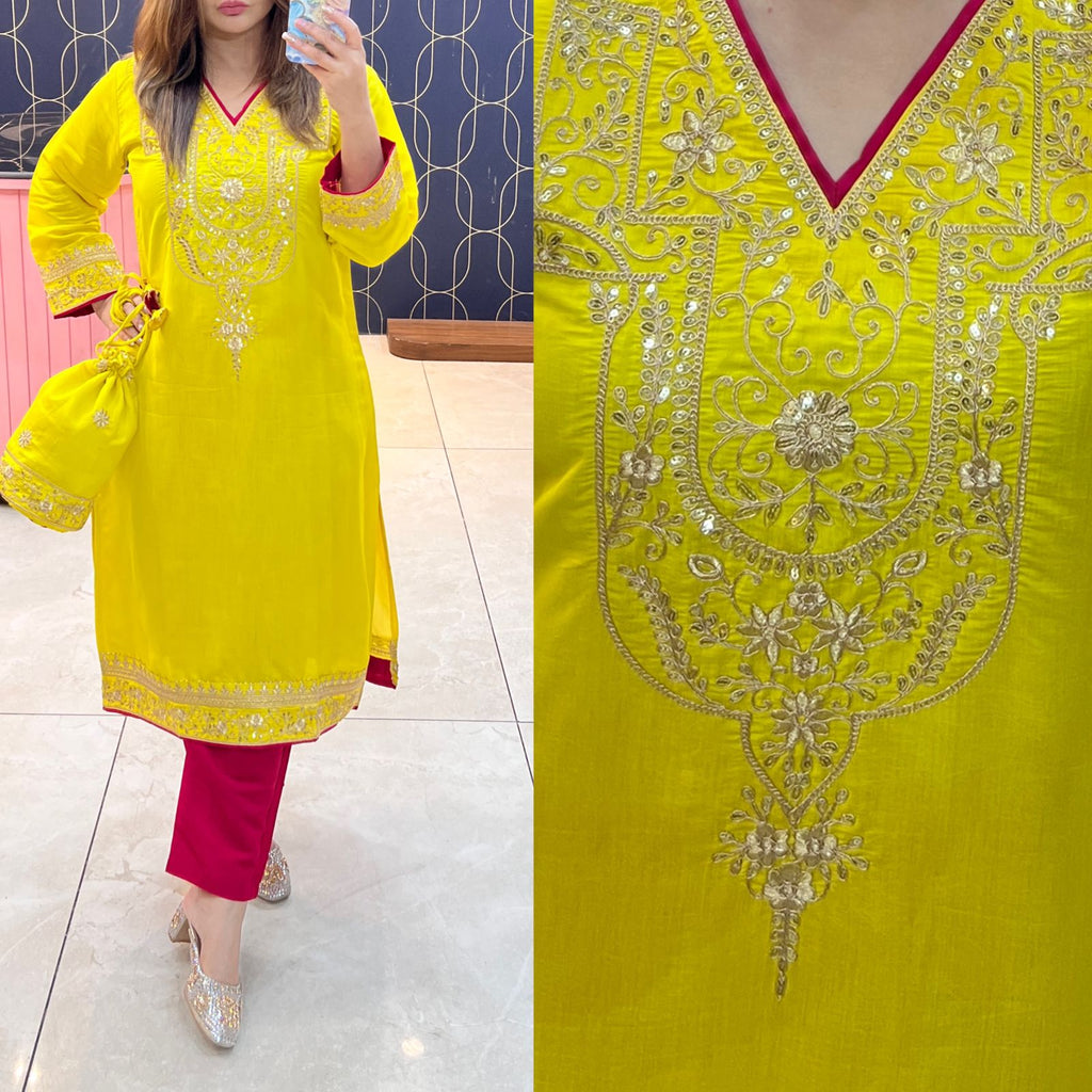Article 1095 – Pakistani Cotton Silk Embroidered Co-ord Set With Potli