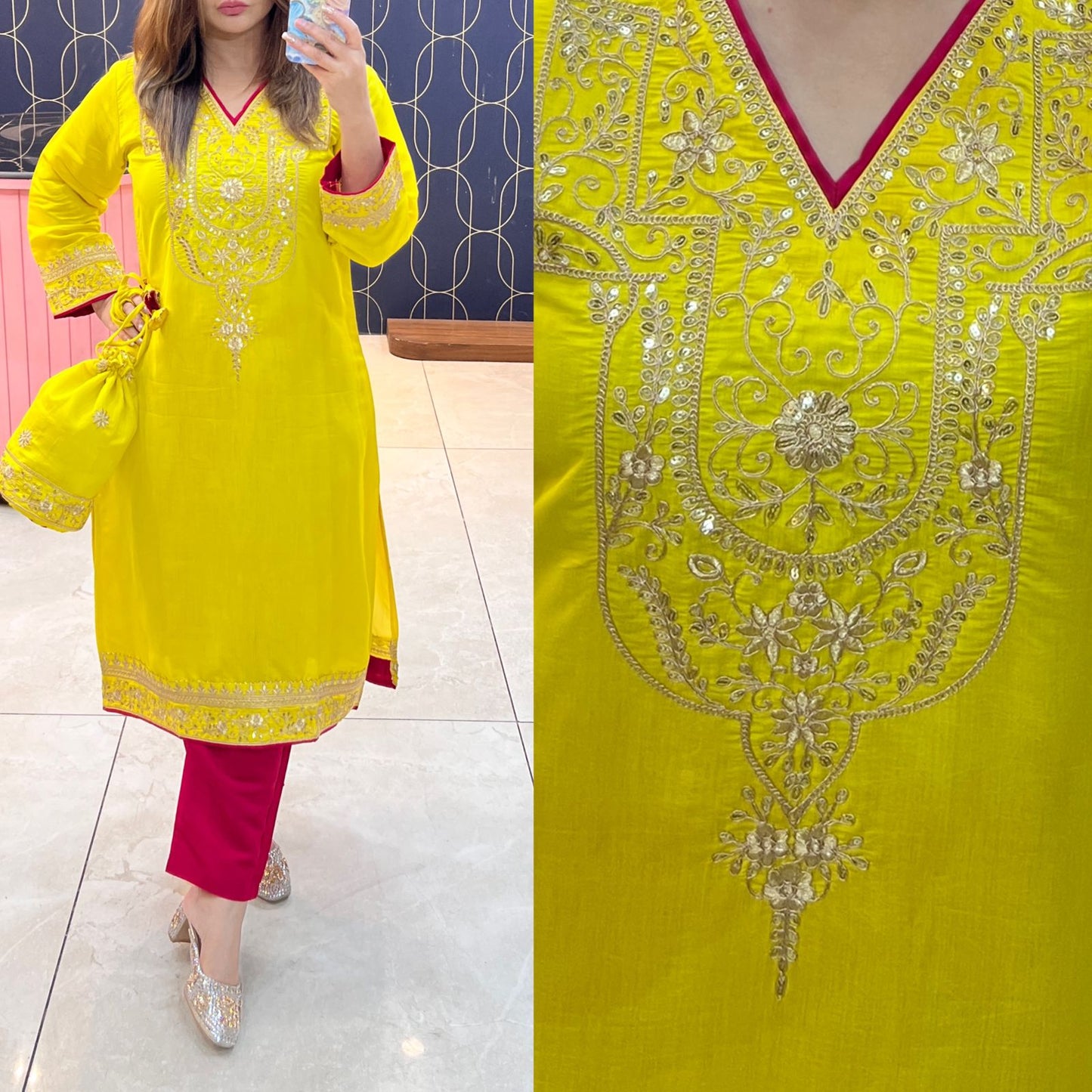 Article 1095 – Pakistani Cotton Silk Embroidered Co-ord Set With Potli